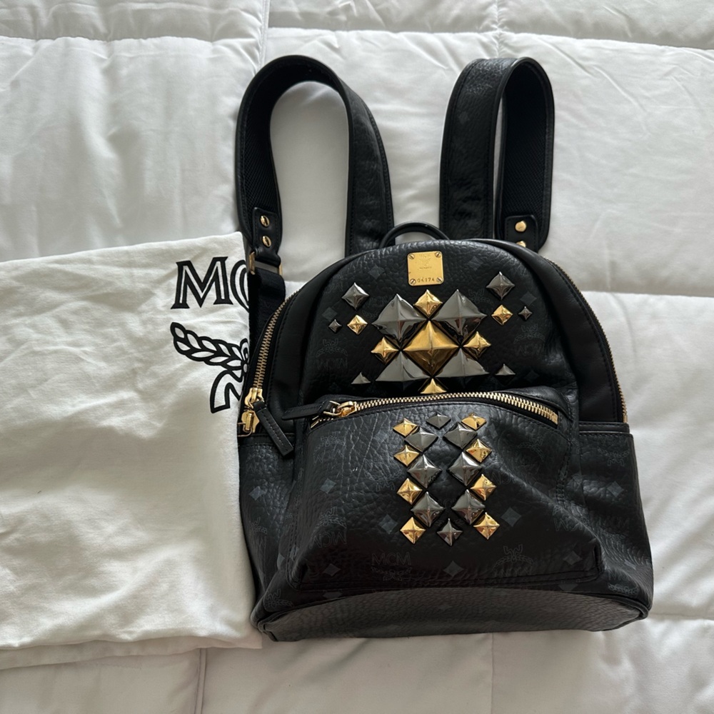 Authentic MCM Black Backpack with Gold Studs